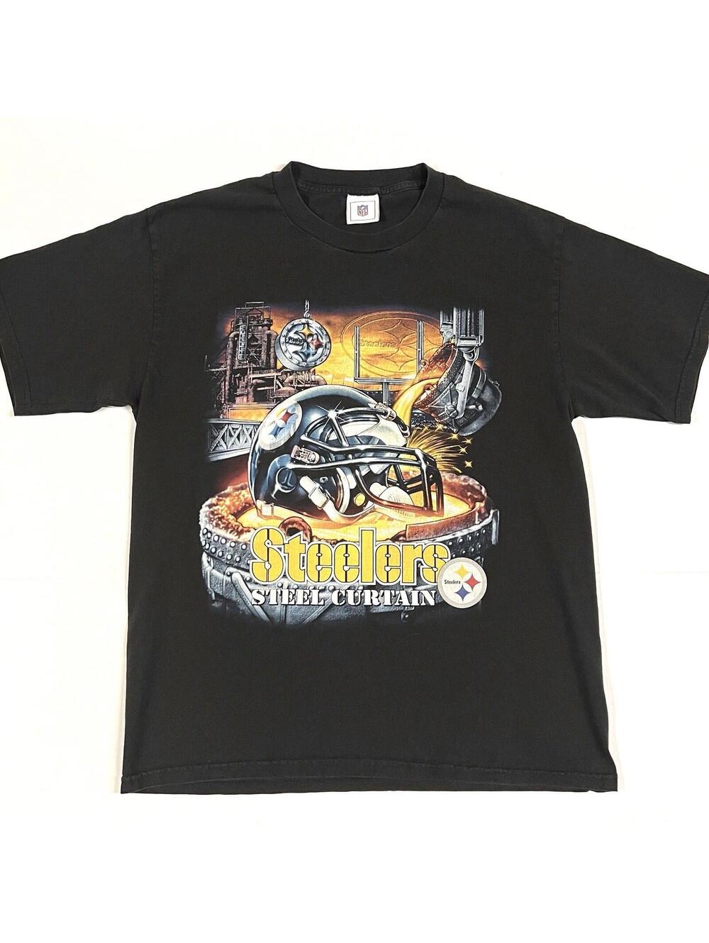 NFL Team Pittsburgh Steelers STEEL CURTAIN T Shirt Fit Sz L Y2K Rap Tee Big Logo